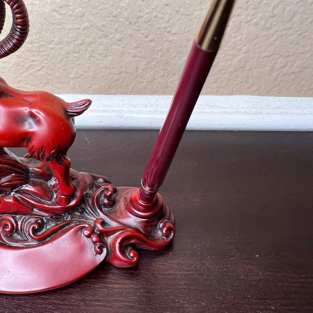 Vintage Red Resin Goat Pen Holder, Mandarin Product, Double Pen Stand